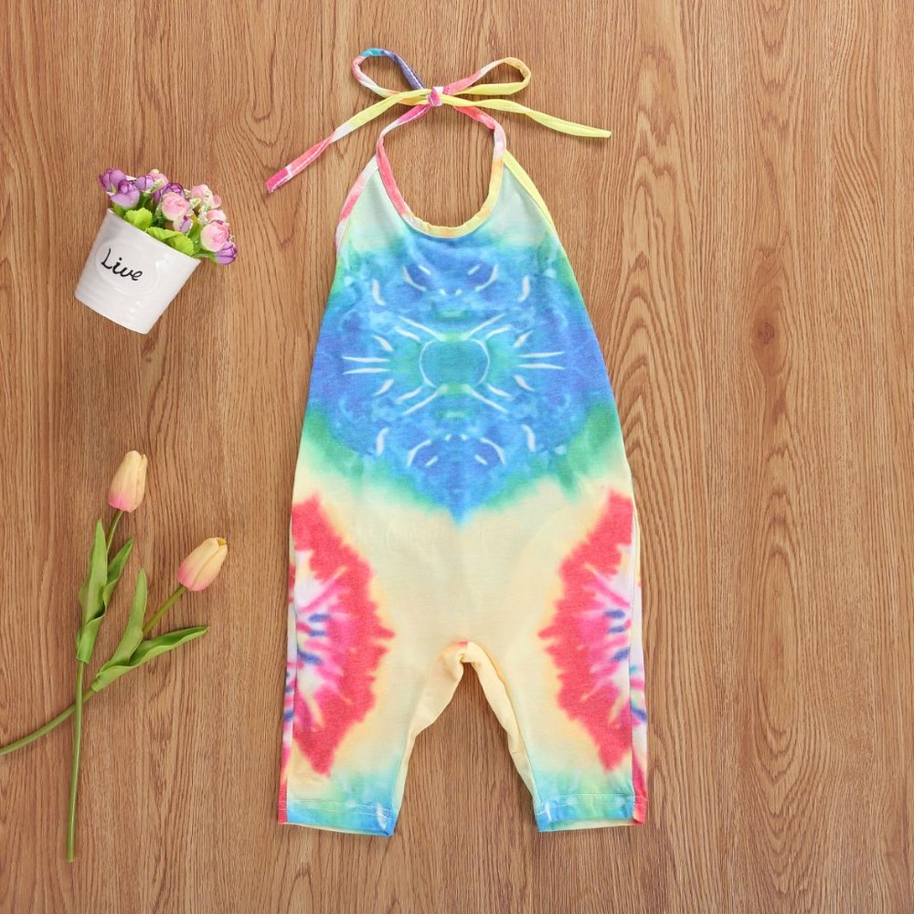 Blue Tie-Dye Cotton Little Girl Halter Overall Romper